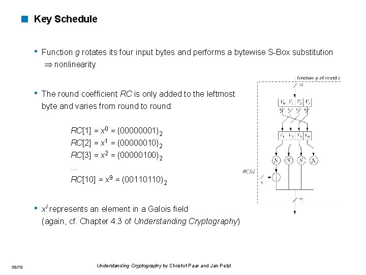 < Key Schedule • Function g rotates its four input bytes and performs a < Key Schedule • Function g rotates its four input bytes and performs a