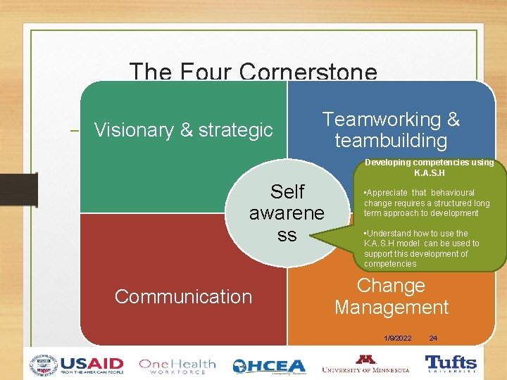 The Four Cornerstone Competencies for One Health Visionary & strategic Teamworking & teambuilding Developing