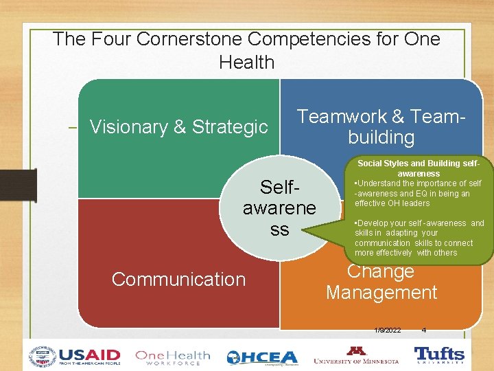 The Four Cornerstone Competencies for One Health Visionary & Strategic Teamwork & Teambuilding Selfawarene