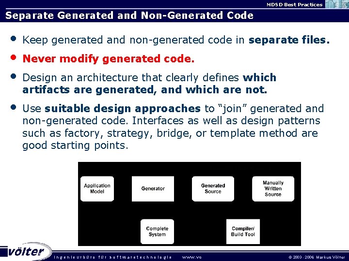 MDSD Best Practices Separate Generated and Non-Generated Code • • • Keep generated and