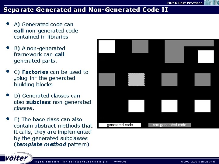 MDSD Best Practices Separate Generated and Non-Generated Code II • A) Generated code can