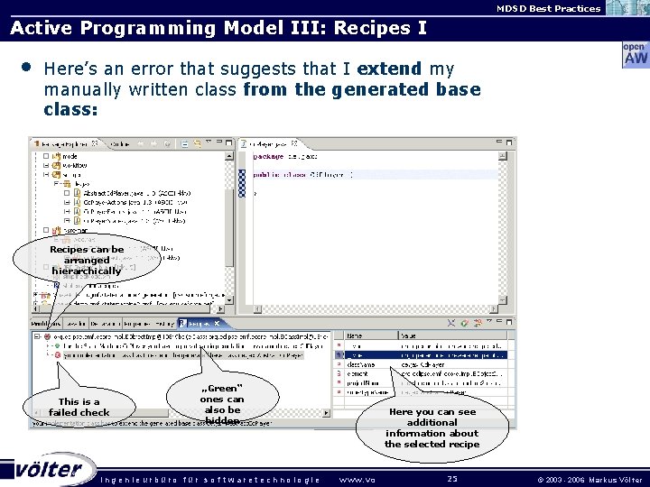 MDSD Best Practices Active Programming Model III: Recipes I • Here’s an error that