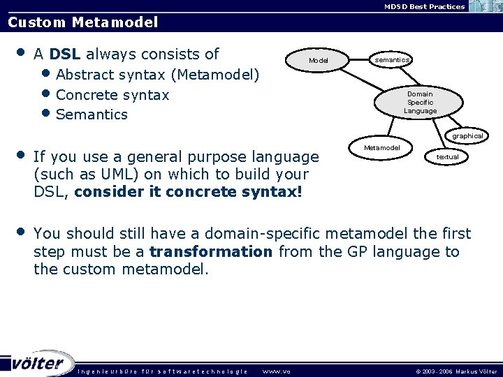 MDSD Best Practices Custom Metamodel • A DSL always consists of • Abstract syntax