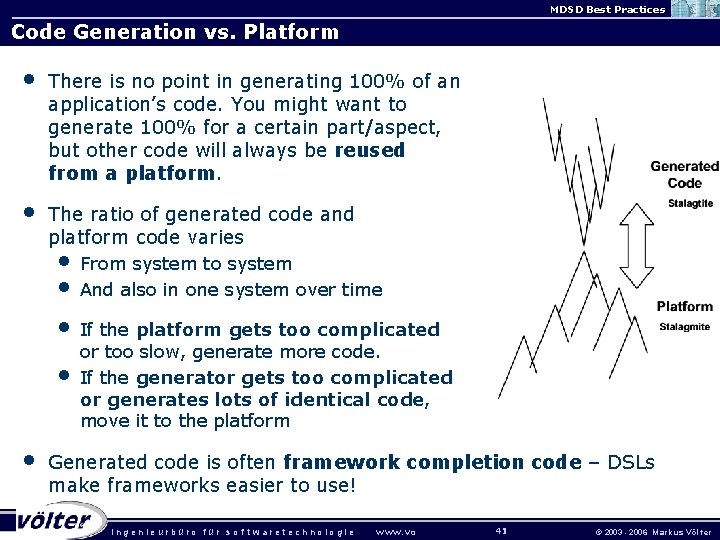 MDSD Best Practices Code Generation vs. Platform • There is no point in generating