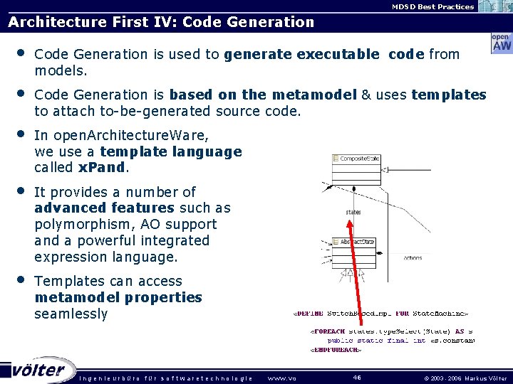 MDSD Best Practices Architecture First IV: Code Generation • Code Generation is used to
