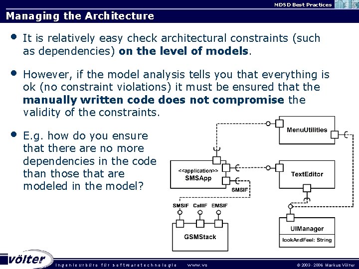 MDSD Best Practices Managing the Architecture • It is relatively easy check architectural constraints