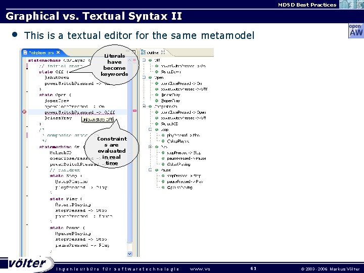 MDSD Best Practices Graphical vs. Textual Syntax II • This is a textual editor