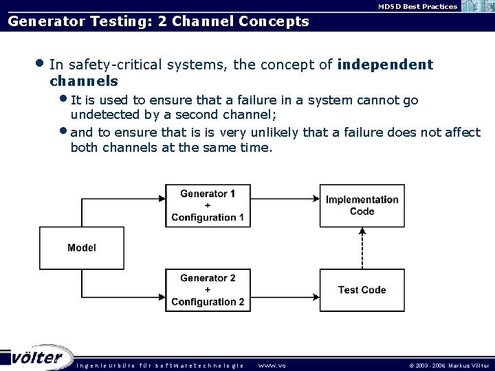 MDSD Best Practices Generator Testing: 2 Channel Concepts • In safety-critical systems, the concept