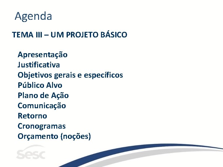 Agenda TEMA III – UM PROJETO BÁSICO Apresentação Justificativa Objetivos gerais e específicos Público