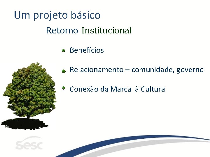 Um projeto básico Retorno Institucional Benefícios Relacionamento – comunidade, governo Conexão da Marca à