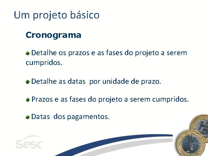 Um projeto básico Cronograma Detalhe os prazos e as fases do projeto a serem