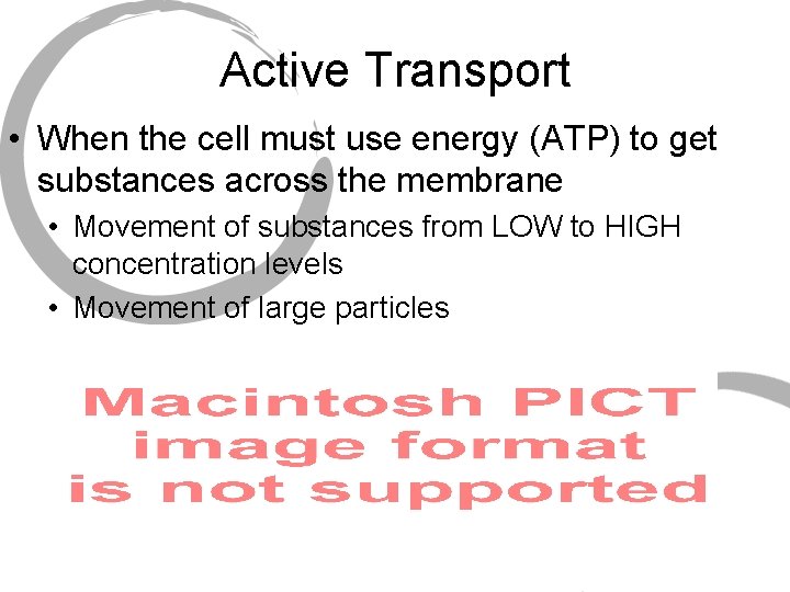 Active Transport • When the cell must use energy (ATP) to get substances across Active Transport • When the cell must use energy (ATP) to get substances across