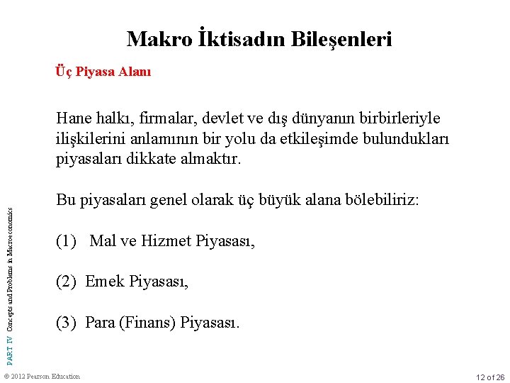 Makro İktisadın Bileşenleri Üç Piyasa Alanı PART IV Concepts and Problems in Macroeconomics Hane