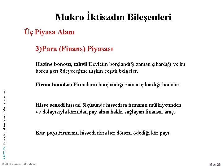 Makro İktisadın Bileşenleri Üç Piyasa Alanı 3)Para (Finans) Piyasası Hazine bonosu, tahvil Devletin borçlandığı