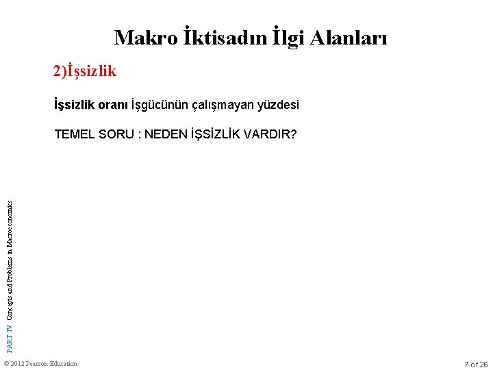 Makro İktisadın İlgi Alanları 2)İşsizlik oranı İşgücünün çalışmayan yüzdesi PART IV Concepts and Problems