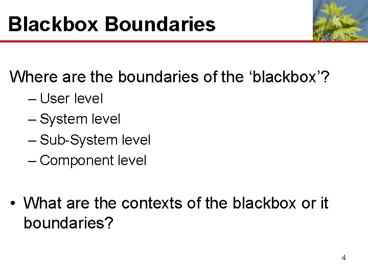 Blackbox Boundaries Where are the boundaries of the ‘blackbox’? – User level – System