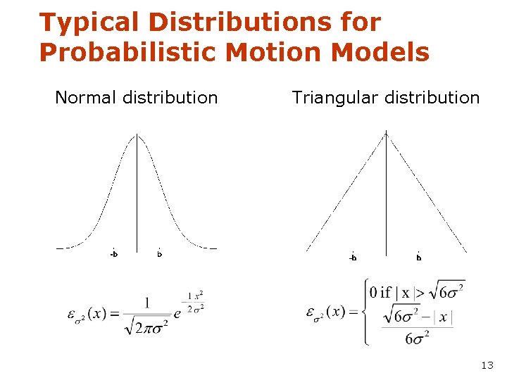 Typical Distributions for Probabilistic Motion Models Normal distribution Triangular distribution 13 