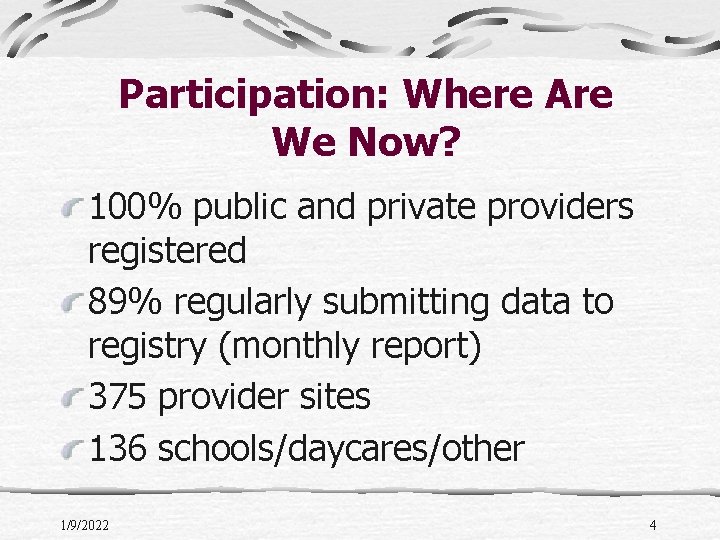 Participation: Where Are We Now? 100% public and private providers registered 89% regularly submitting
