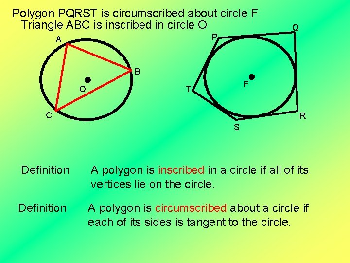 Polygon PQRST is circumscribed about circle F Triangle ABC is inscribed in circle O
