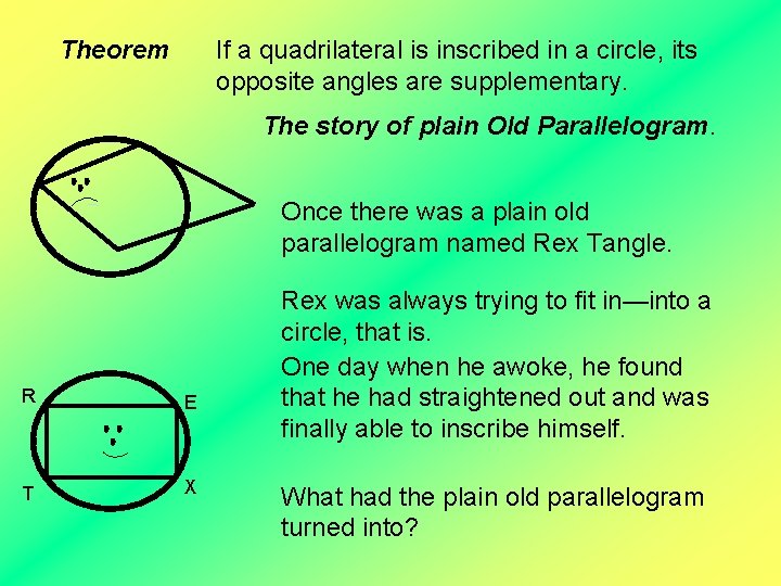 Theorem If a quadrilateral is inscribed in a circle, its opposite angles are supplementary.
