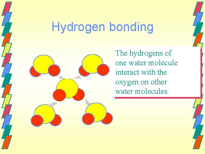 Hydrogen bonding The hydrogens of one water molecule interact with the oxygen on other