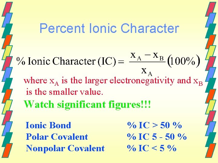 Percent Ionic Character where x. A is the larger electronegativity and x. B is