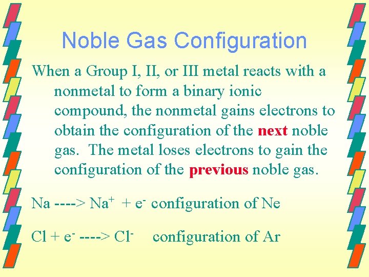 Noble Gas Configuration When a Group I, II, or III metal reacts with a