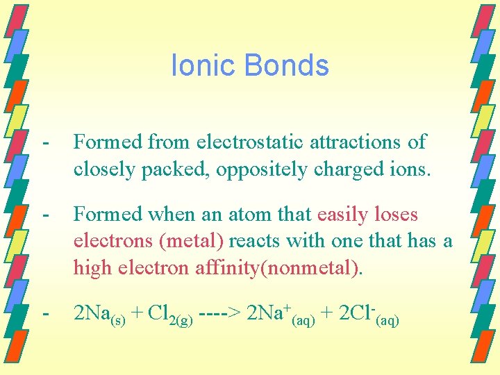 Ionic Bonds - Formed from electrostatic attractions of closely packed, oppositely charged ions. -