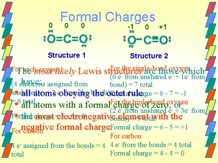 0 Formal Charges 0 0 -1 0 +1 O=C=O O C=O Structure 1 Structure