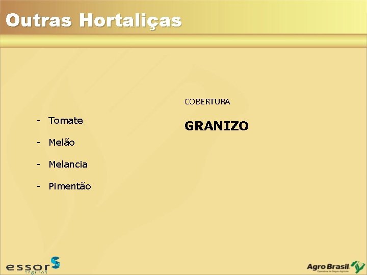Outras Hortaliças COBERTURA - Tomate - Melão - Melancia - Pimentão GRANIZO Outras Hortaliças COBERTURA - Tomate - Melão - Melancia - Pimentão GRANIZO