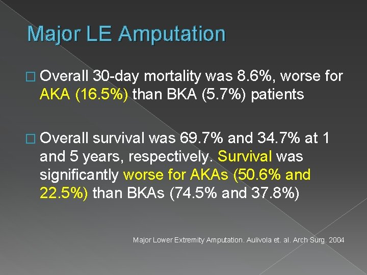 Major LE Amputation � Overall 30 -day mortality was 8. 6%, worse for AKA