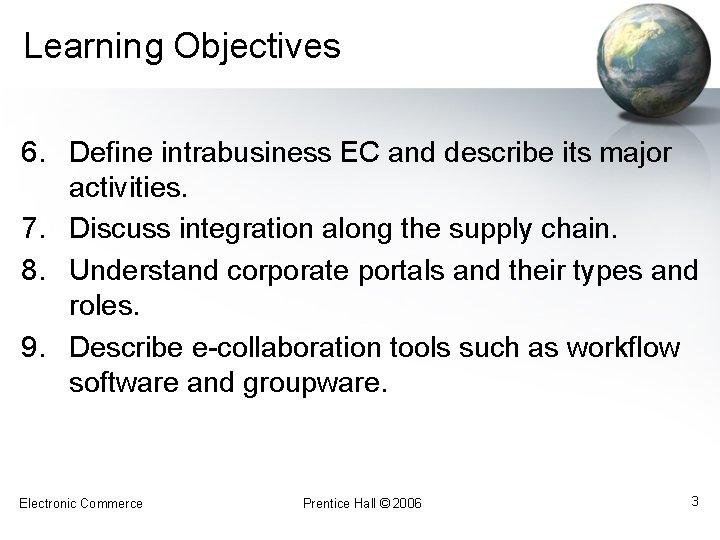 Learning Objectives 6. Define intrabusiness EC and describe its major activities. 7. Discuss integration