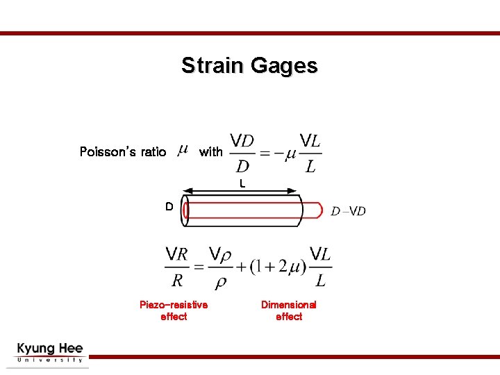 Strain Gages Poisson’s ratio with L D Piezo-resistive effect Dimensional effect Strain Gages Poisson’s ratio with L D Piezo-resistive effect Dimensional effect