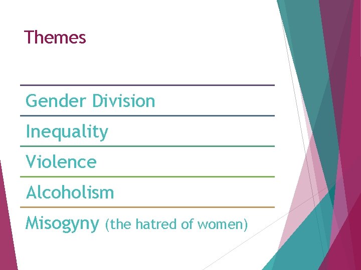 Themes Gender Division Inequality Violence Alcoholism Misogyny (the hatred of women) 