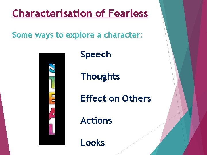 Characterisation of Fearless Some ways to explore a character: Speech Thoughts Effect on Others