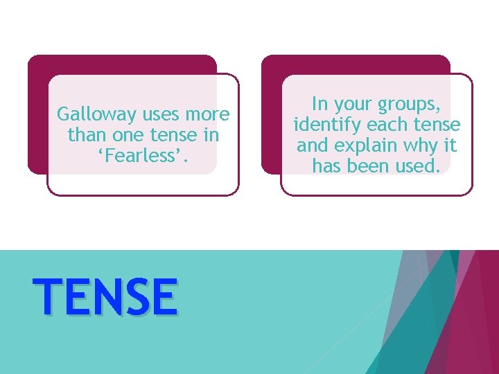 Galloway uses more than one tense in ‘Fearless’. TENSE In your groups, identify each