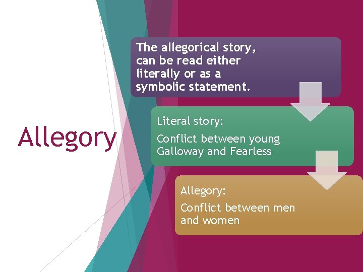 The allegorical story, can be read either literally or as a symbolic statement. Allegory