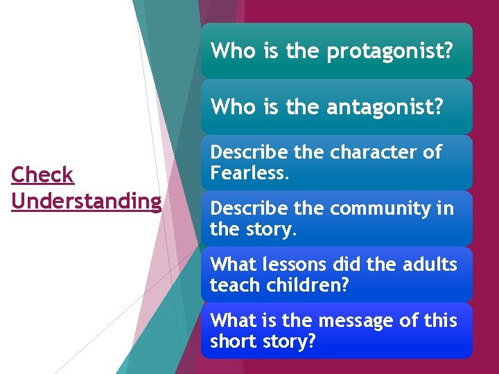 Who is the protagonist? Who is the antagonist? Check Understanding Describe the character of