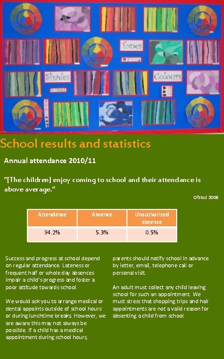 School results and statistics Annual attendance 2010/11 “[The children] enjoy coming to school and