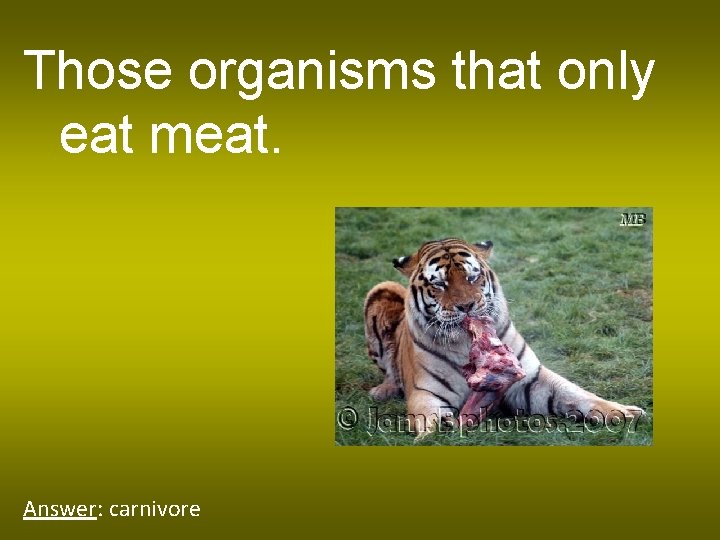 Those organisms that only eat meat. Answer: carnivore 