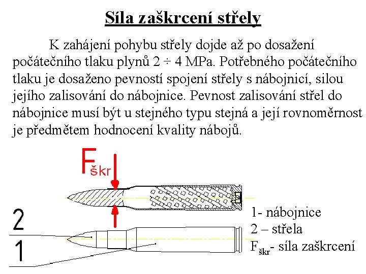 Síla zaškrcení střely K zahájení pohybu střely dojde až po dosažení počátečního tlaku plynů