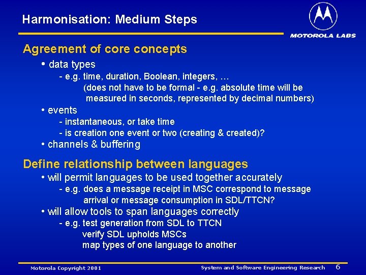 Harmonisation: Medium Steps Agreement of core concepts • data types - e. g. time,