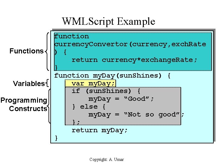 WMLScript Example function currency. Convertor(currency, exch. Rate Functions ) { return currency*exchange. Rate; }