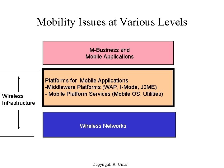 Mobility Issues at Various Levels M-Business and Mobile Applications Wireless Infrastructure Platforms for Mobile