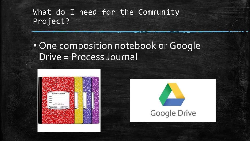 What do I need for the Community Project? ▪ One composition notebook or Google What do I need for the Community Project? ▪ One composition notebook or Google