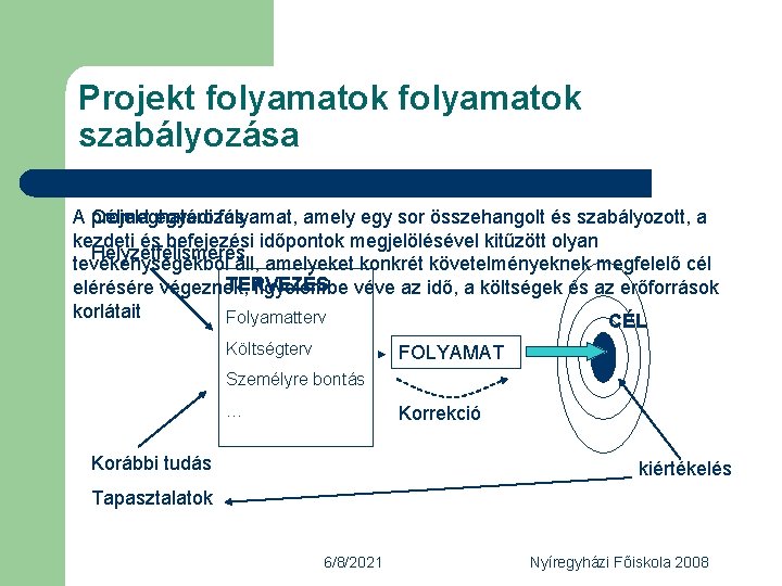 Projekt folyamatok szabályozása A projekt Célmeghatározás egyedi folyamat, amely egy sor összehangolt és szabályozott,