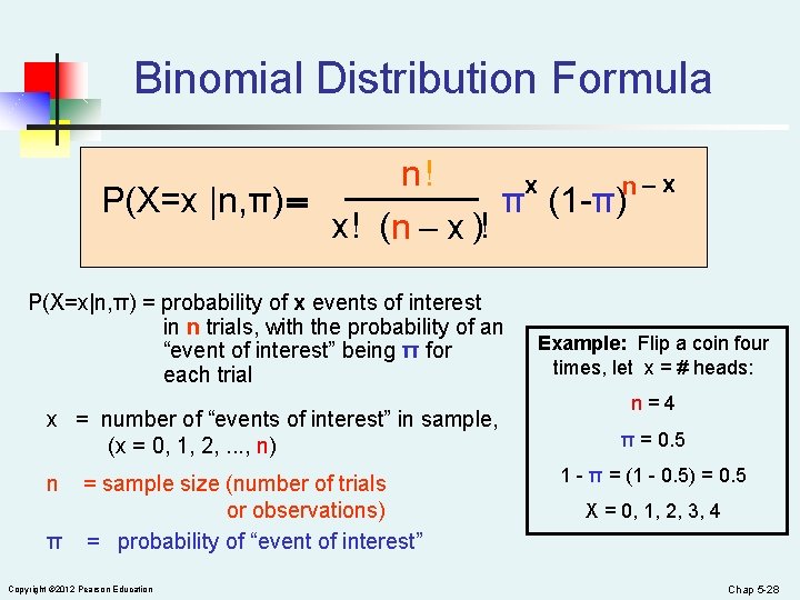 Binomial Distribution Formula n! x n-x P(X=x |n, π) = π (1 -π) x!