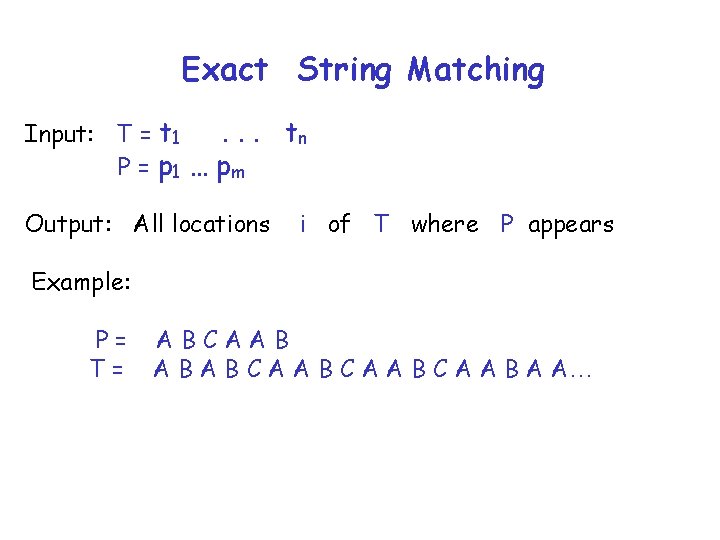 Exact String Matching Input: T = t 1. . . P = p 1