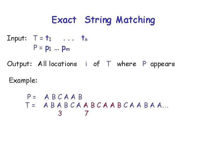 Exact String Matching Input: T = t 1. . . P = p 1