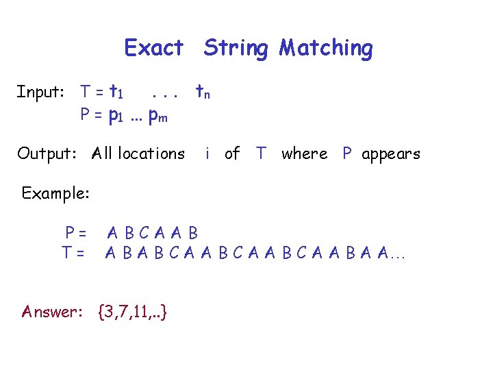 Exact String Matching Input: T = t 1. . . P = p 1